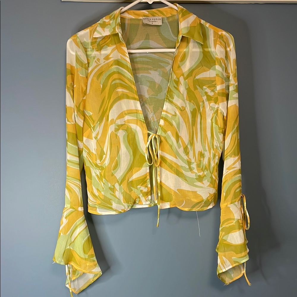 Yellow, White, and Green Swirl Women’s Top With Tied Front And Sleeves